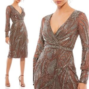Mac Duggal 5295 Dress Embellished Brown Sz 14 NWT Long Sleeve